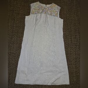 1960s Nat Kaplan White Sleeveless Midi Dress with Beaded Pastel Yoke
